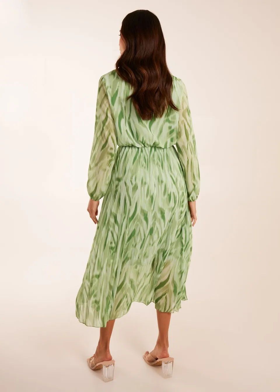 Blue Vanilla Green Abstract Wrap Pleated Midi Dress