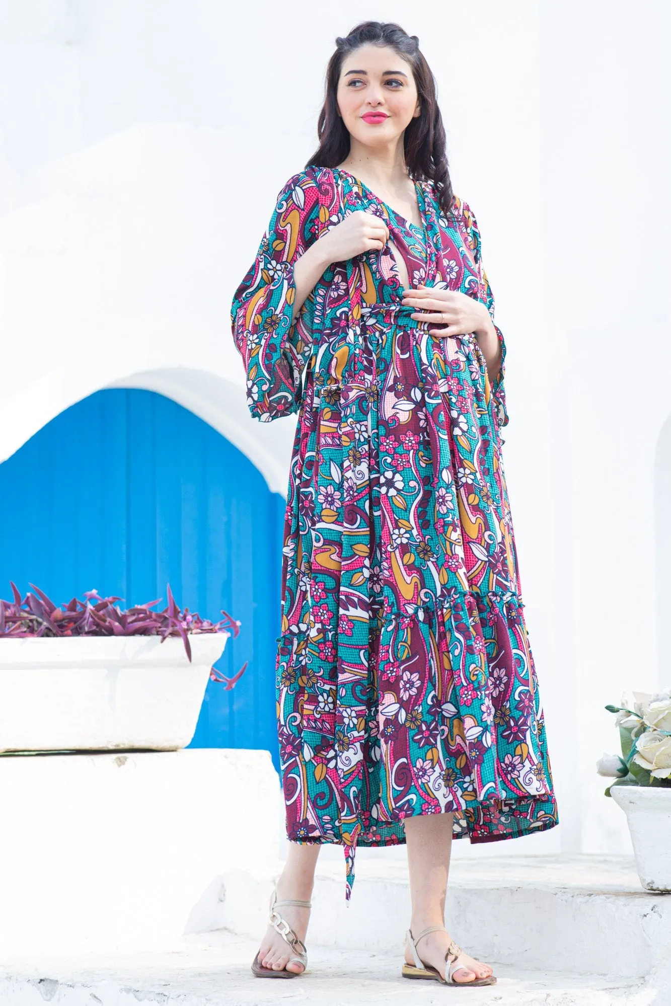 Boho Flower Frill Maternity & Nursing Midi Wrap Dress