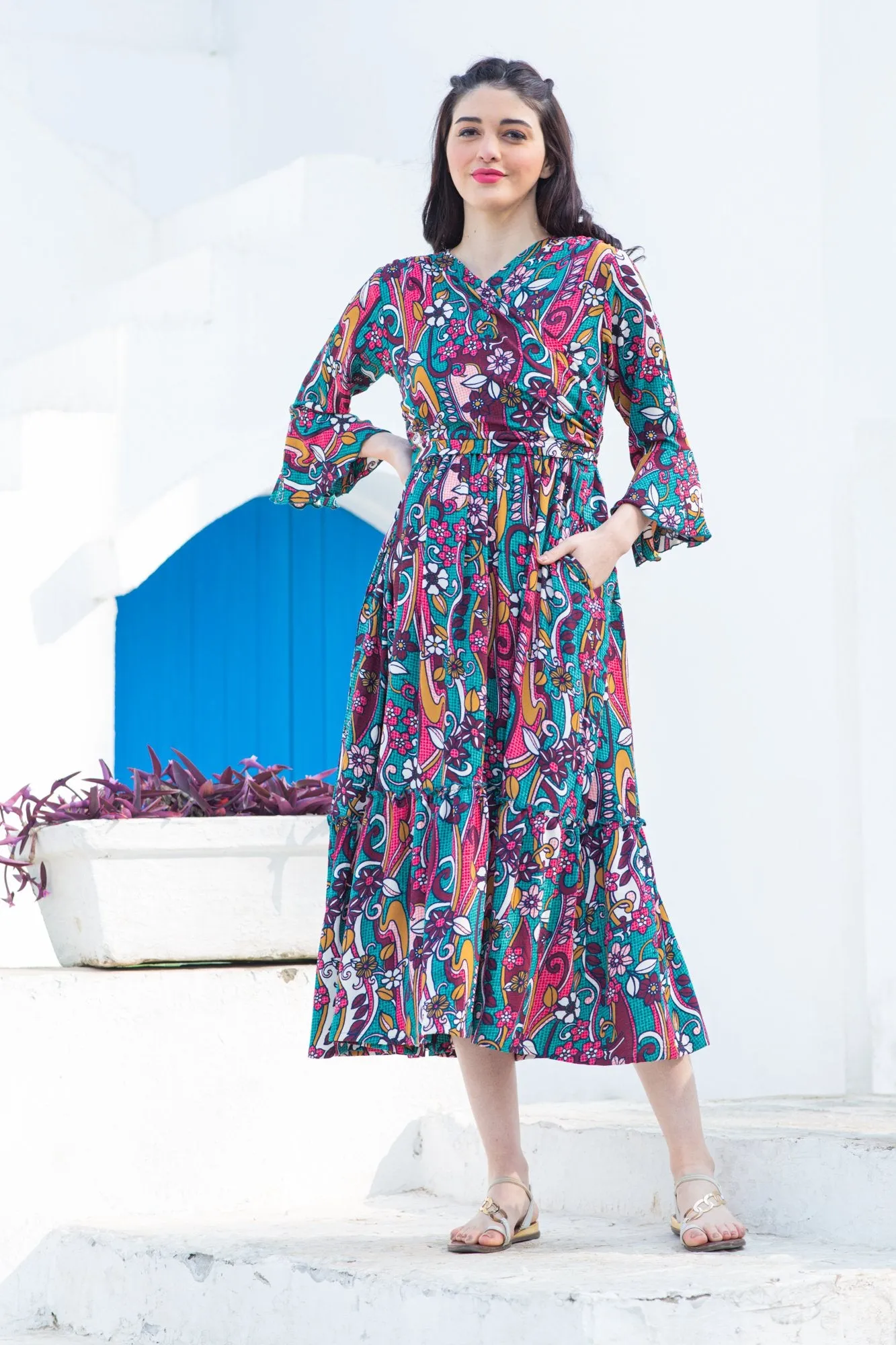 Boho Flower Frill Maternity & Nursing Midi Wrap Dress