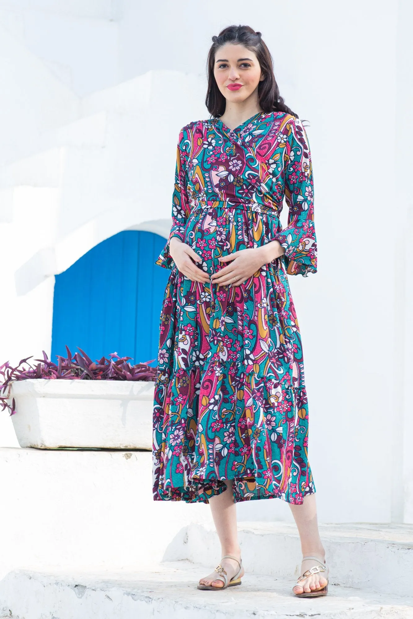 Boho Flower Frill Maternity & Nursing Midi Wrap Dress