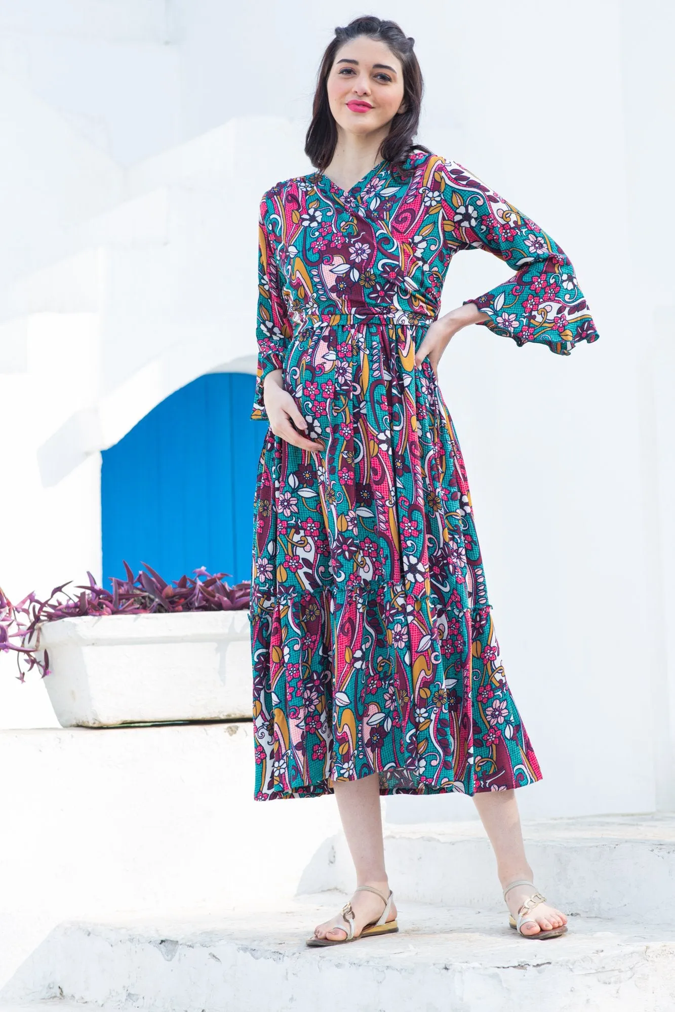 Boho Flower Frill Maternity & Nursing Midi Wrap Dress