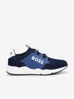 BOSS Boys Leather Logo Trainers in Blue