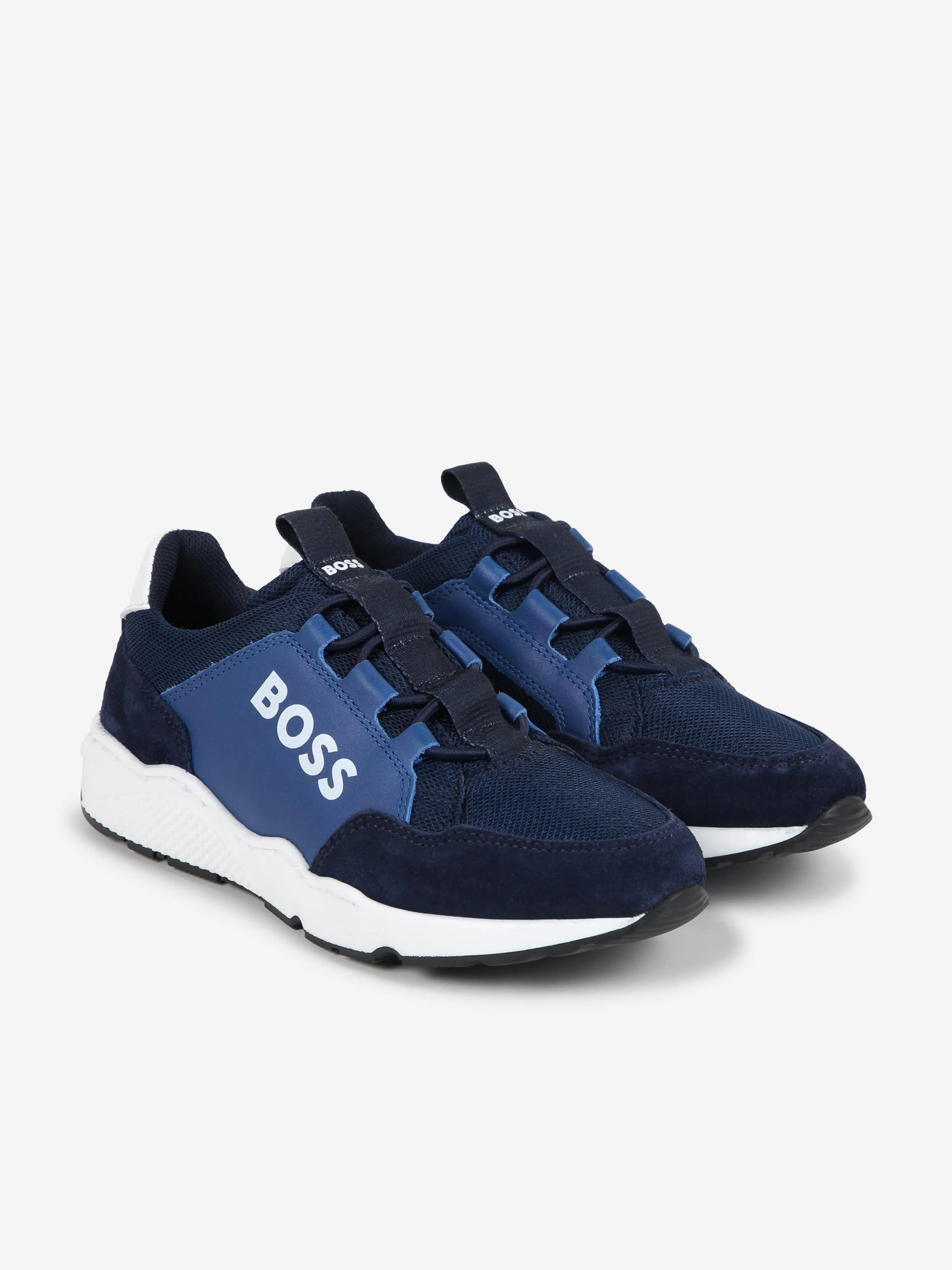 BOSS Boys Leather Logo Trainers in Blue