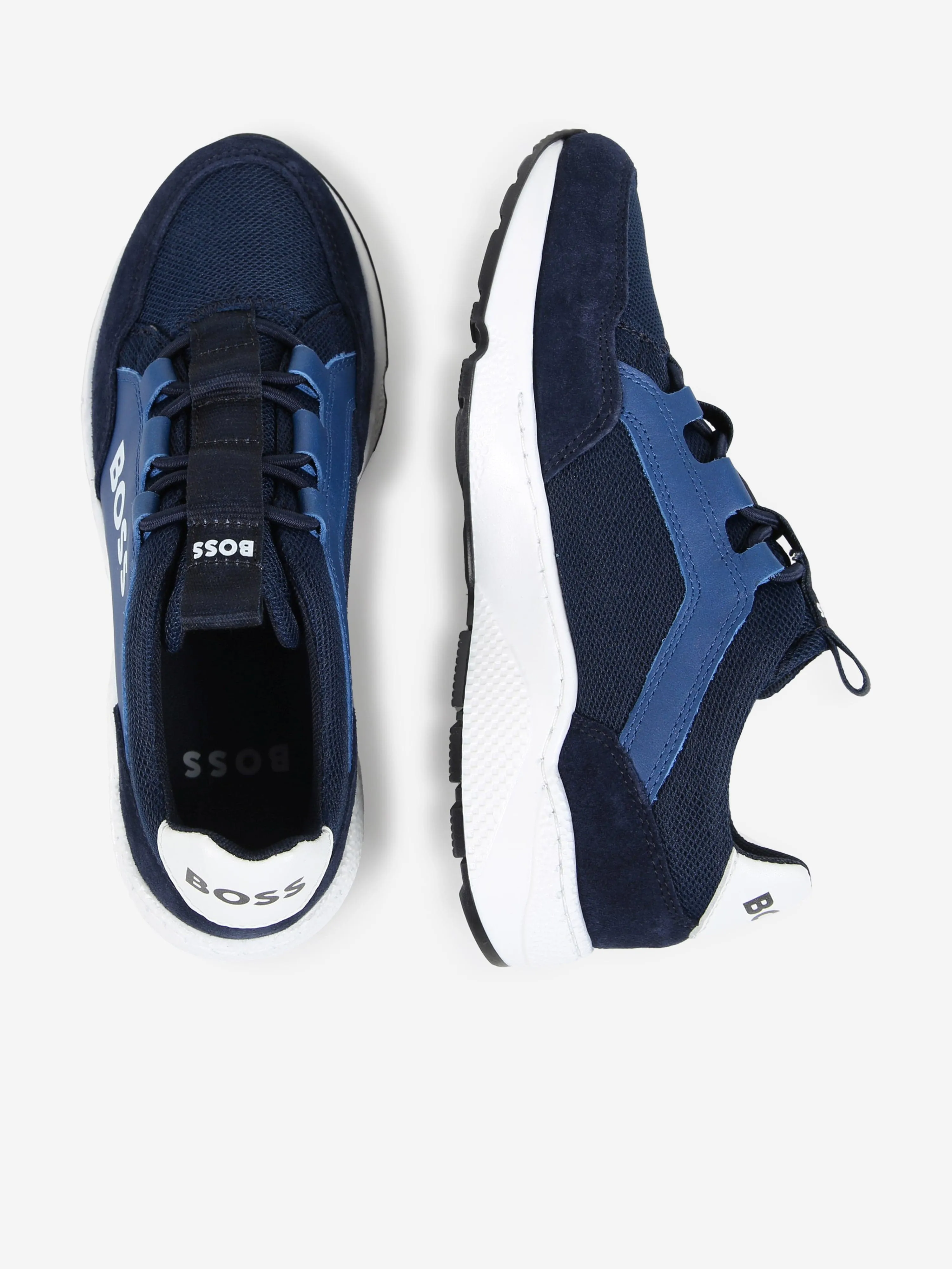 BOSS Boys Leather Logo Trainers in Blue