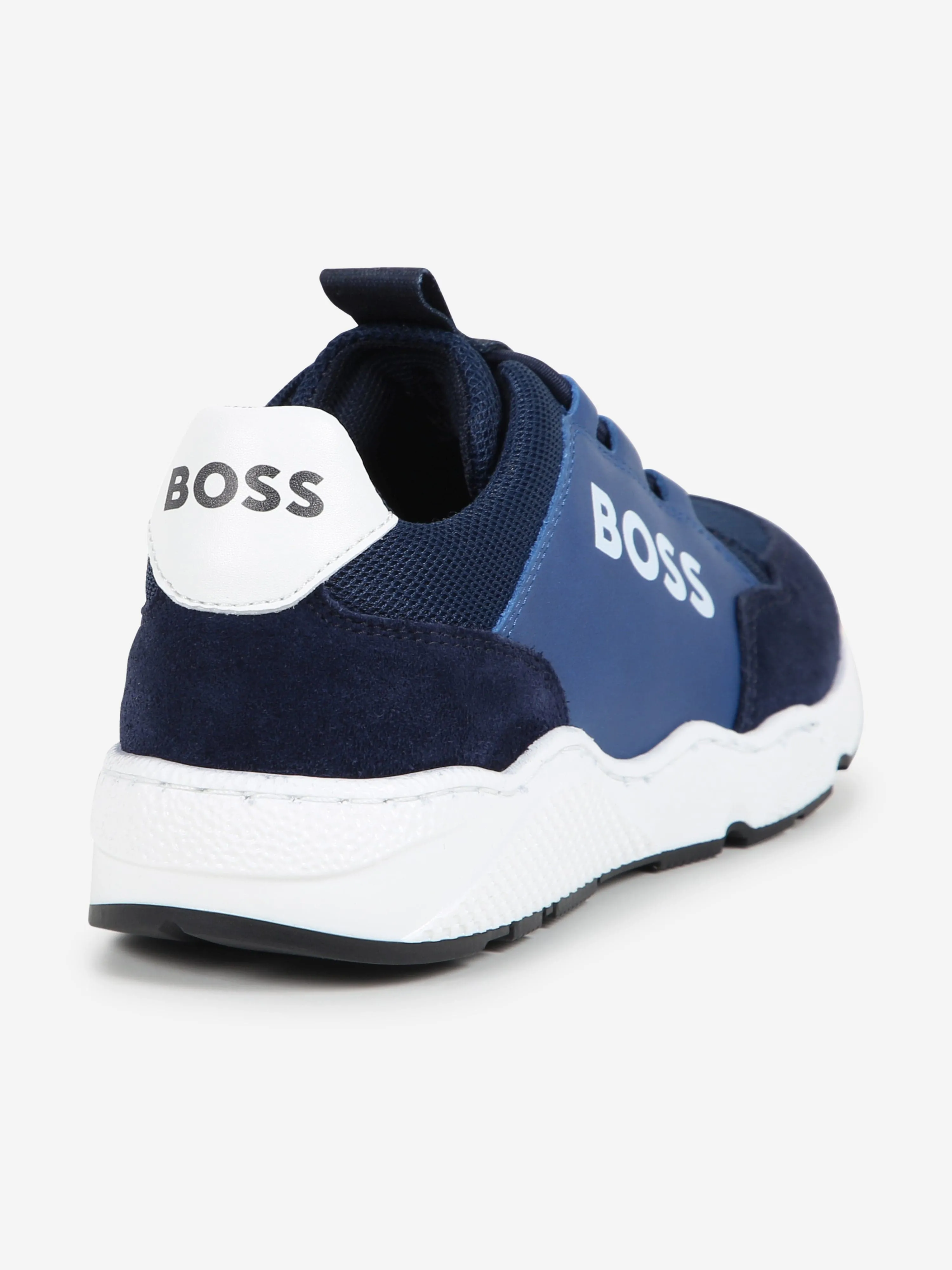 BOSS Boys Leather Logo Trainers in Blue