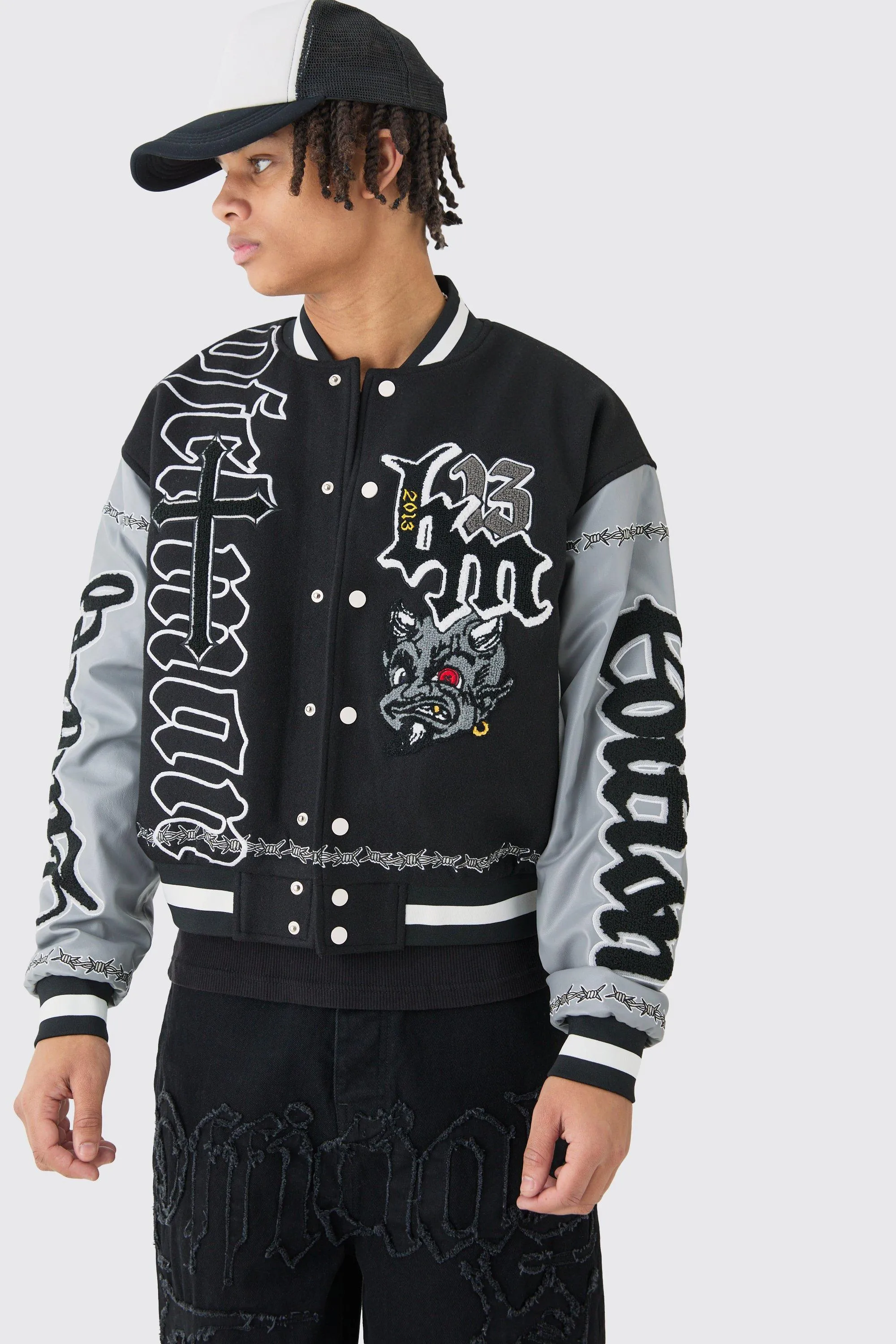 Boxy Limited Badge PU Sleeve Varsity Jacket In Black