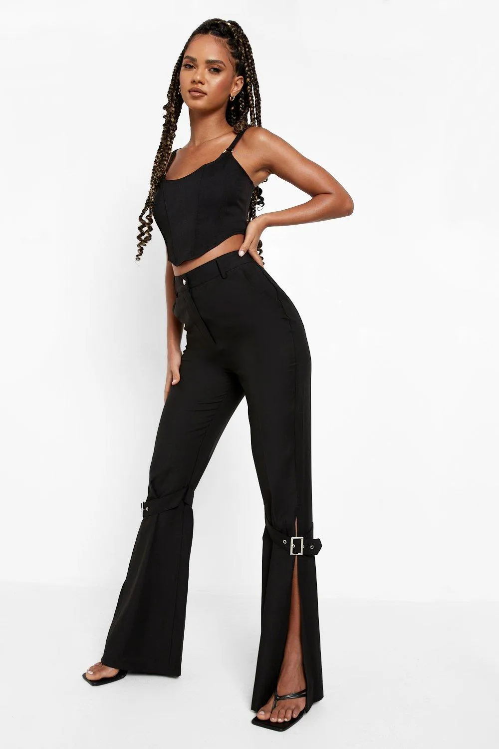 Buckle Detail Split Hem Straight Leg Pants