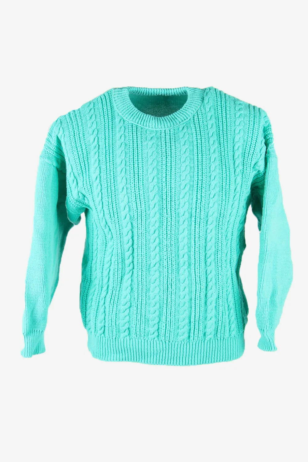 Cable Knit Wool Jumper Vintage Crew Neck Pullover 90s Turquoise Size S - Pepper Tree London