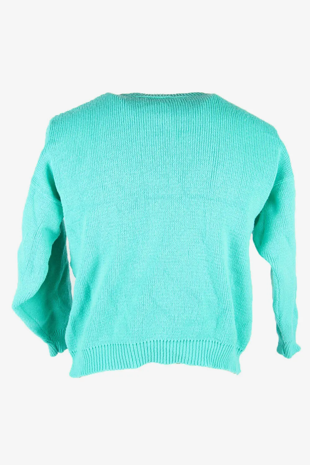 Cable Knit Wool Jumper Vintage Crew Neck Pullover 90s Turquoise Size S - Pepper Tree London