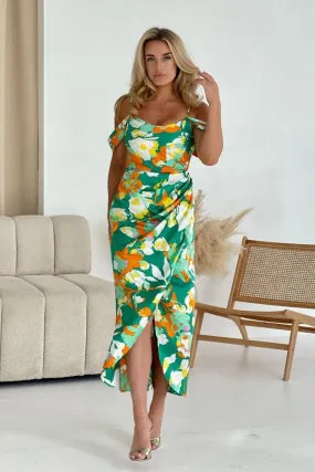 Camila Orange Green Print Wrap Over Midi Dress