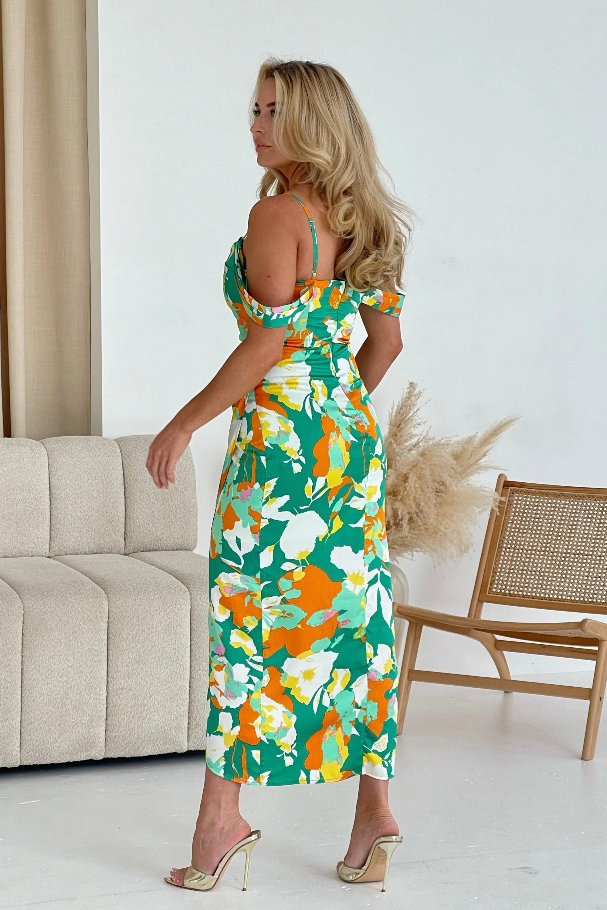 Camila Orange Green Print Wrap Over Midi Dress