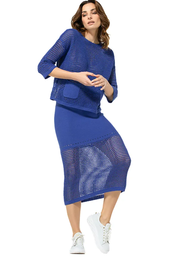 Caroline Biss BLUE SHEER CROCHET LONG PULLOVER