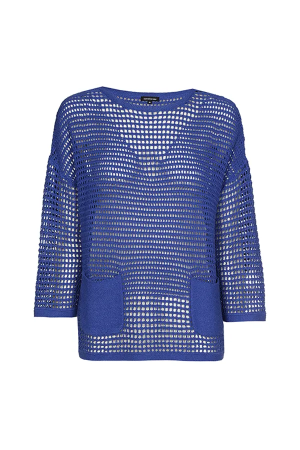 Caroline Biss BLUE SHEER CROCHET LONG PULLOVER