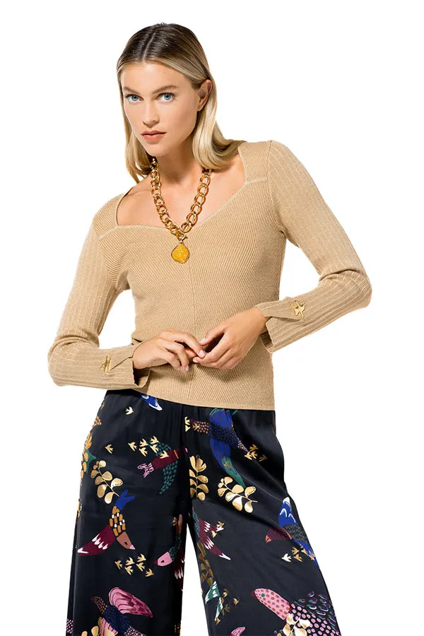 Caroline Biss GOLD SWALLOW DETAIL FITTED RIBBED PULLOVER