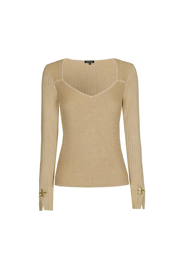 Caroline Biss GOLD SWALLOW DETAIL FITTED RIBBED PULLOVER