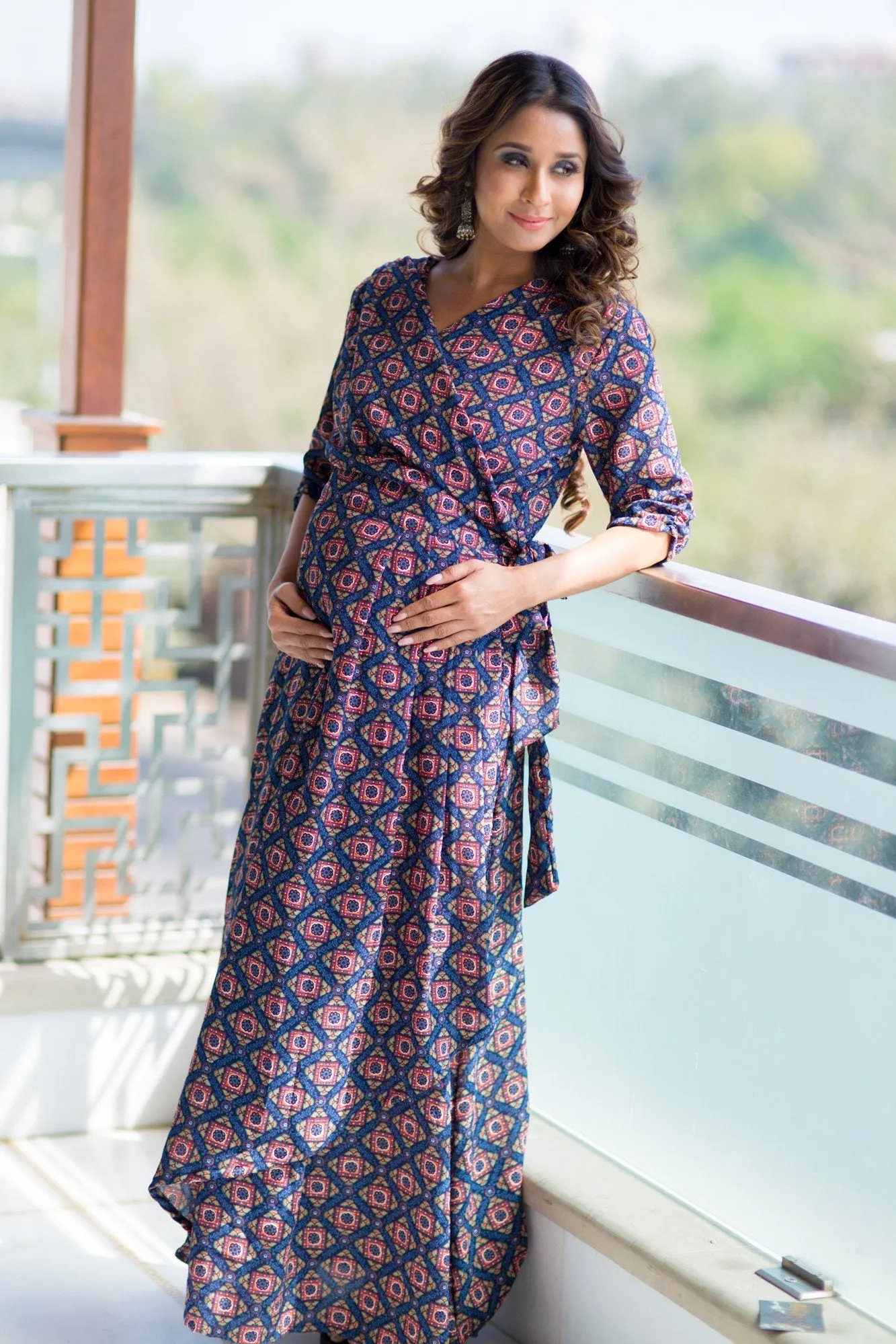 Cascading Floral Wrap Crepe Maternity & Nursing Dress