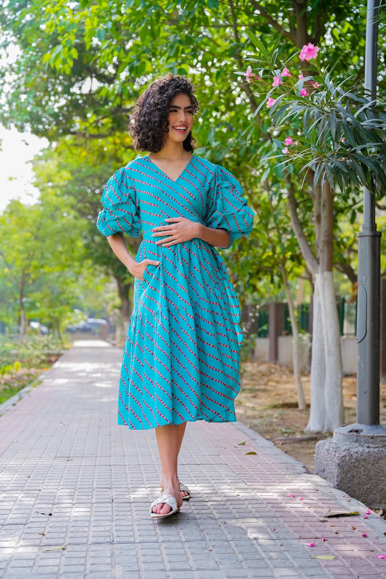 Charming Cerulean Blue Maternity & Nursing Frill Wrap Dress (100% Cotton)