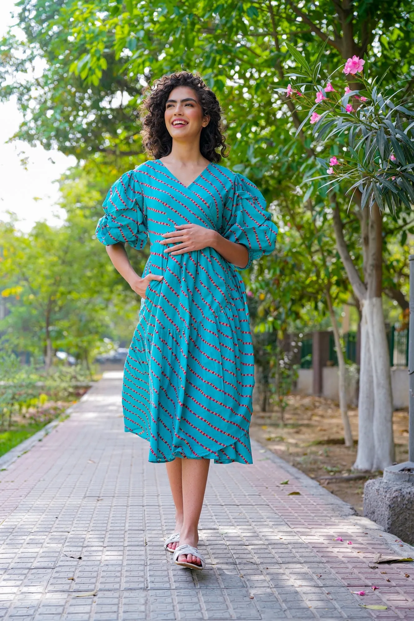 Charming Cerulean Blue Maternity & Nursing Frill Wrap Dress (100% Cotton)