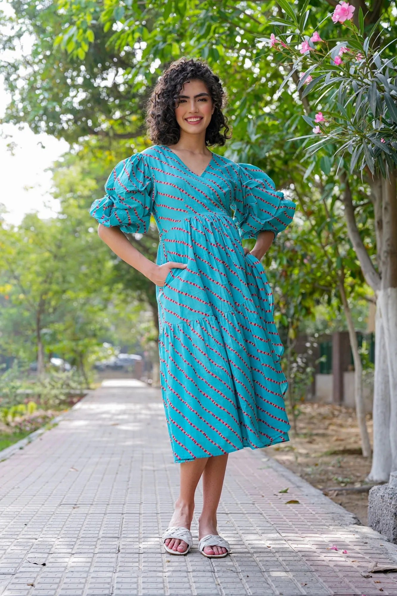 Charming Cerulean Blue Maternity & Nursing Frill Wrap Dress (100% Cotton)