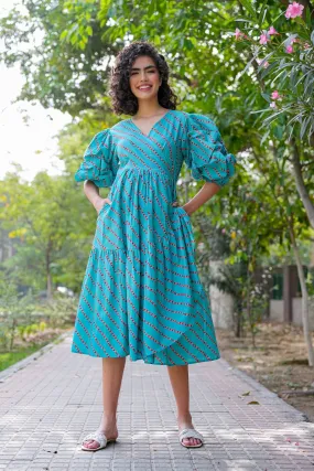 Charming Cerulean Blue Maternity & Nursing Frill Wrap Dress (100% Cotton)