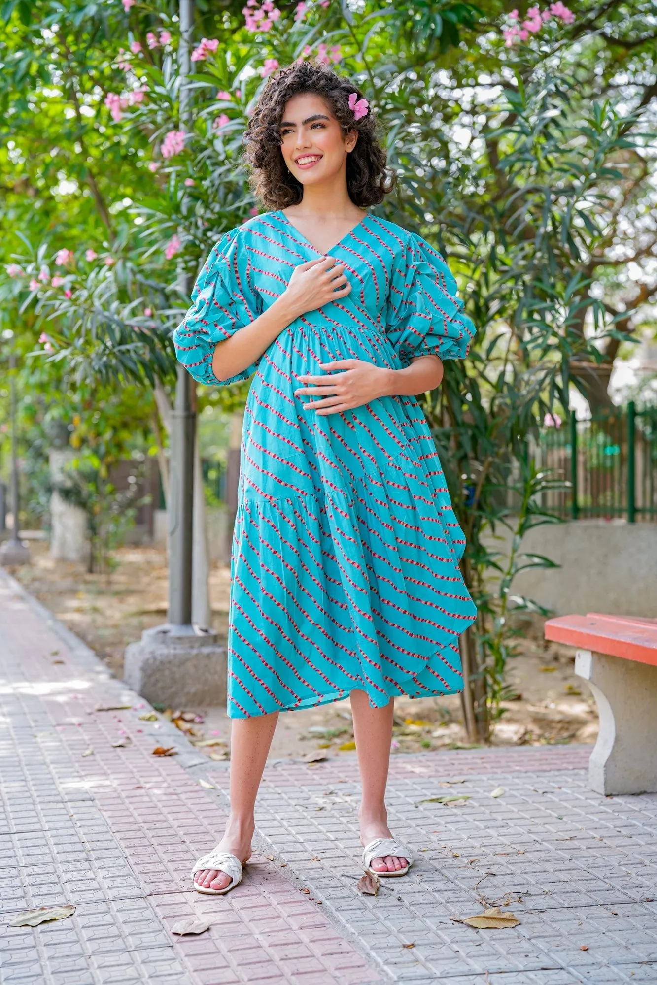 Charming Cerulean Blue Maternity & Nursing Frill Wrap Dress (100% Cotton)