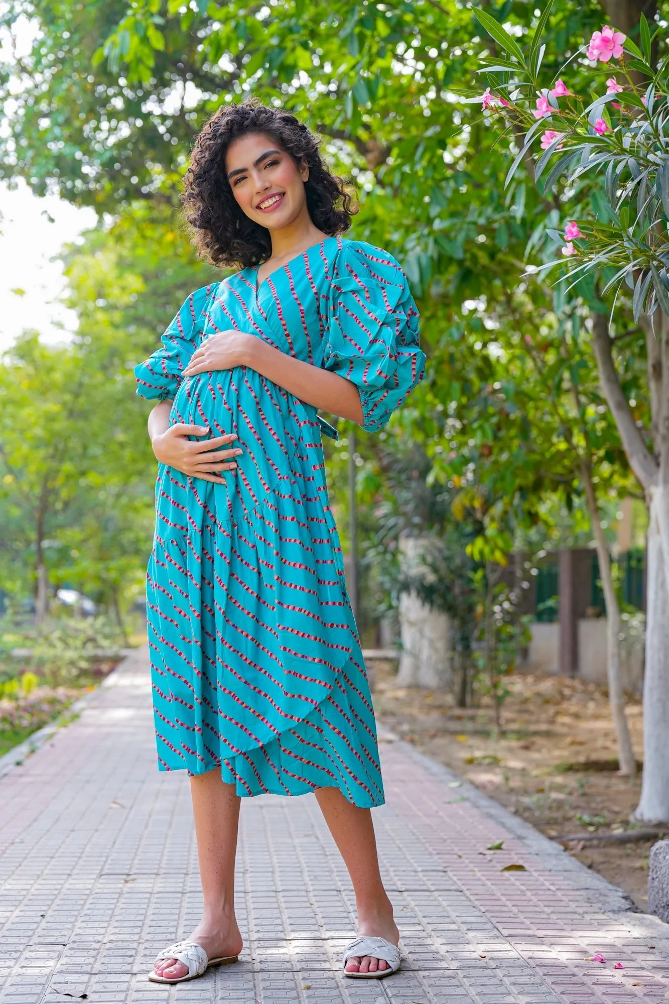 Charming Cerulean Blue Maternity & Nursing Frill Wrap Dress (100% Cotton)