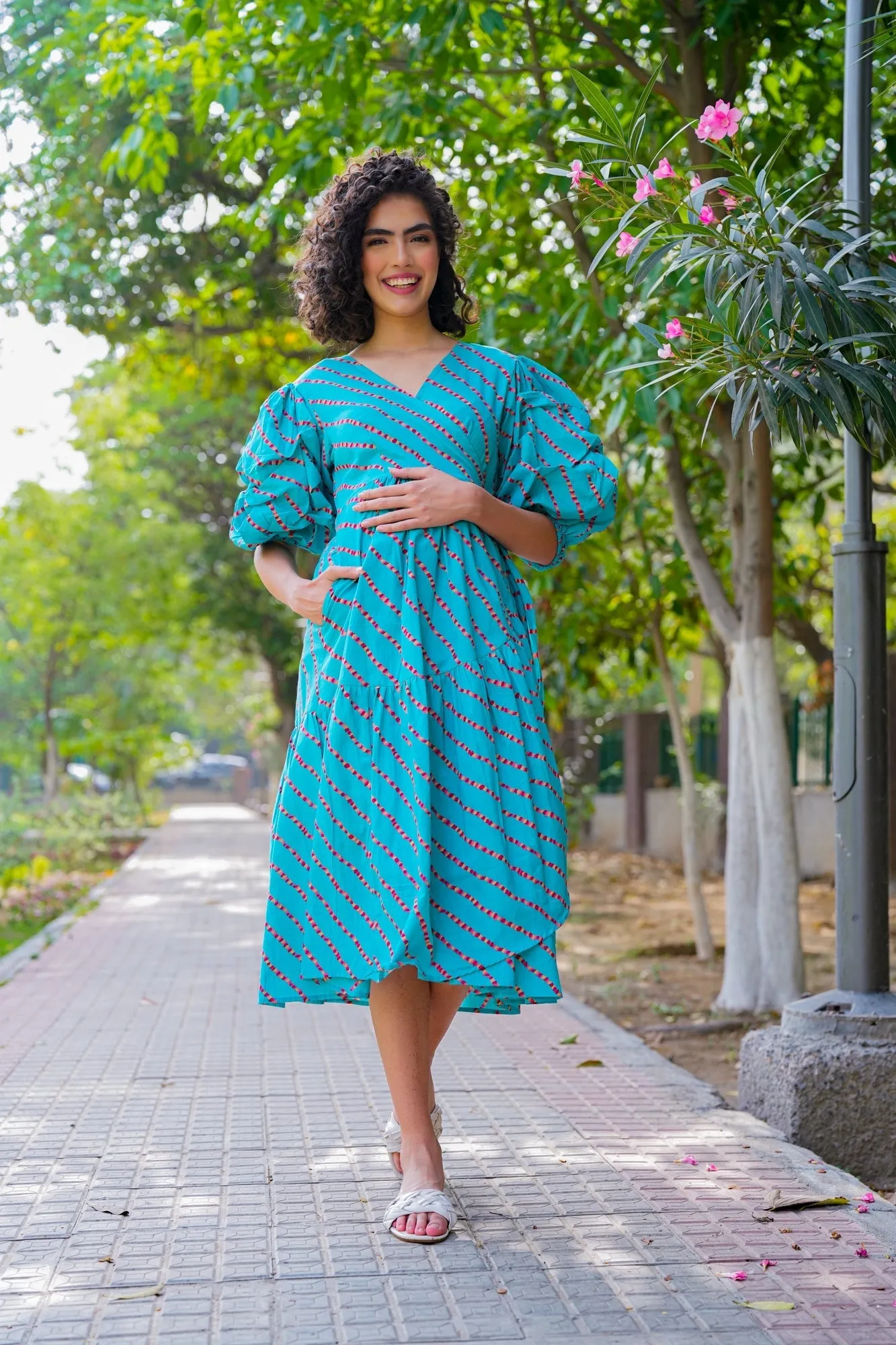 Charming Cerulean Blue Maternity & Nursing Frill Wrap Dress (100% Cotton)