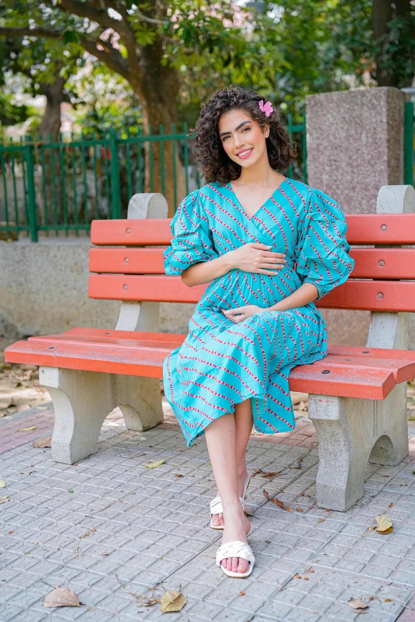 Charming Cerulean Blue Maternity & Nursing Frill Wrap Dress (100% Cotton)