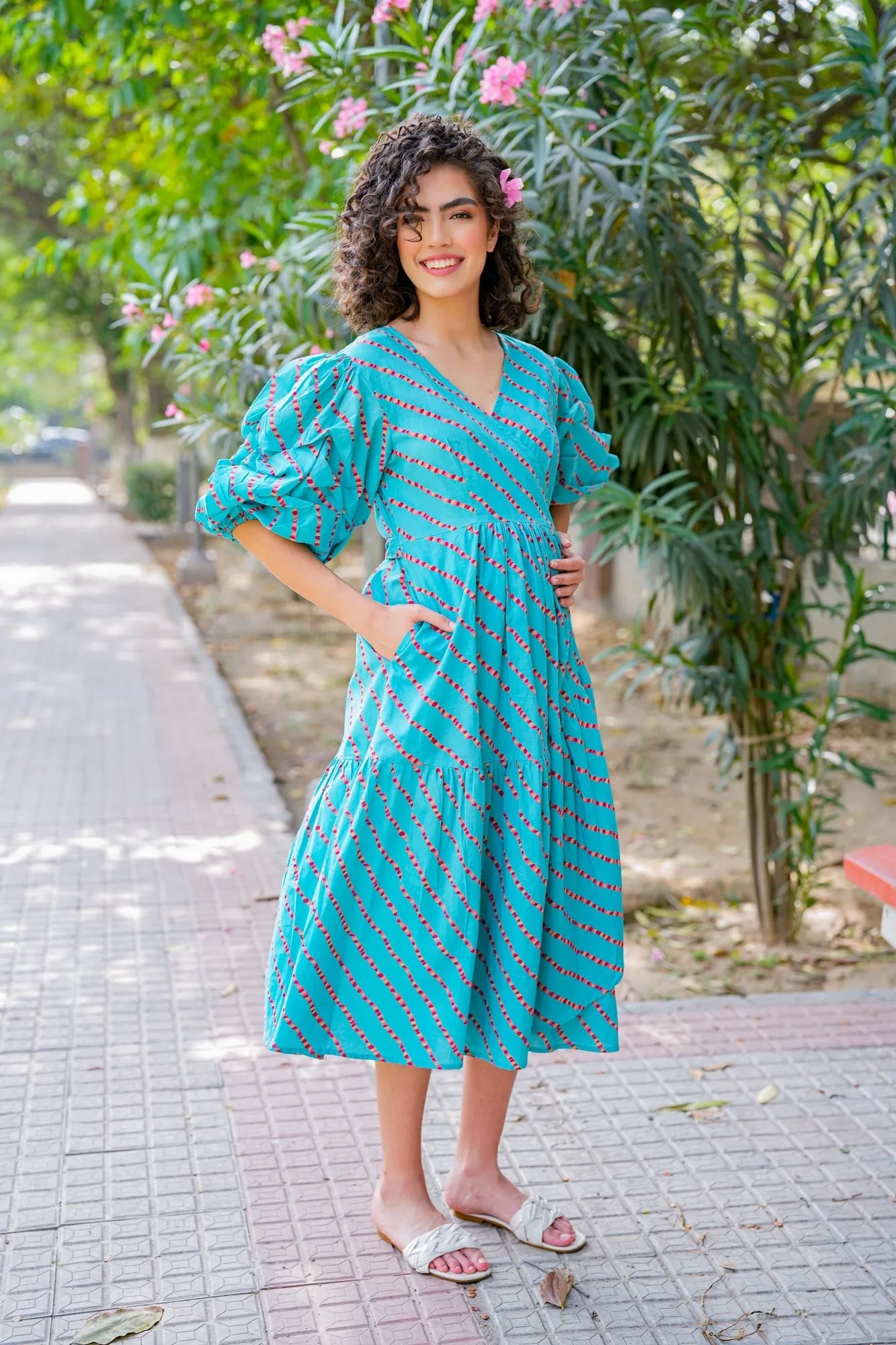 Charming Cerulean Blue Maternity & Nursing Frill Wrap Dress (100% Cotton)