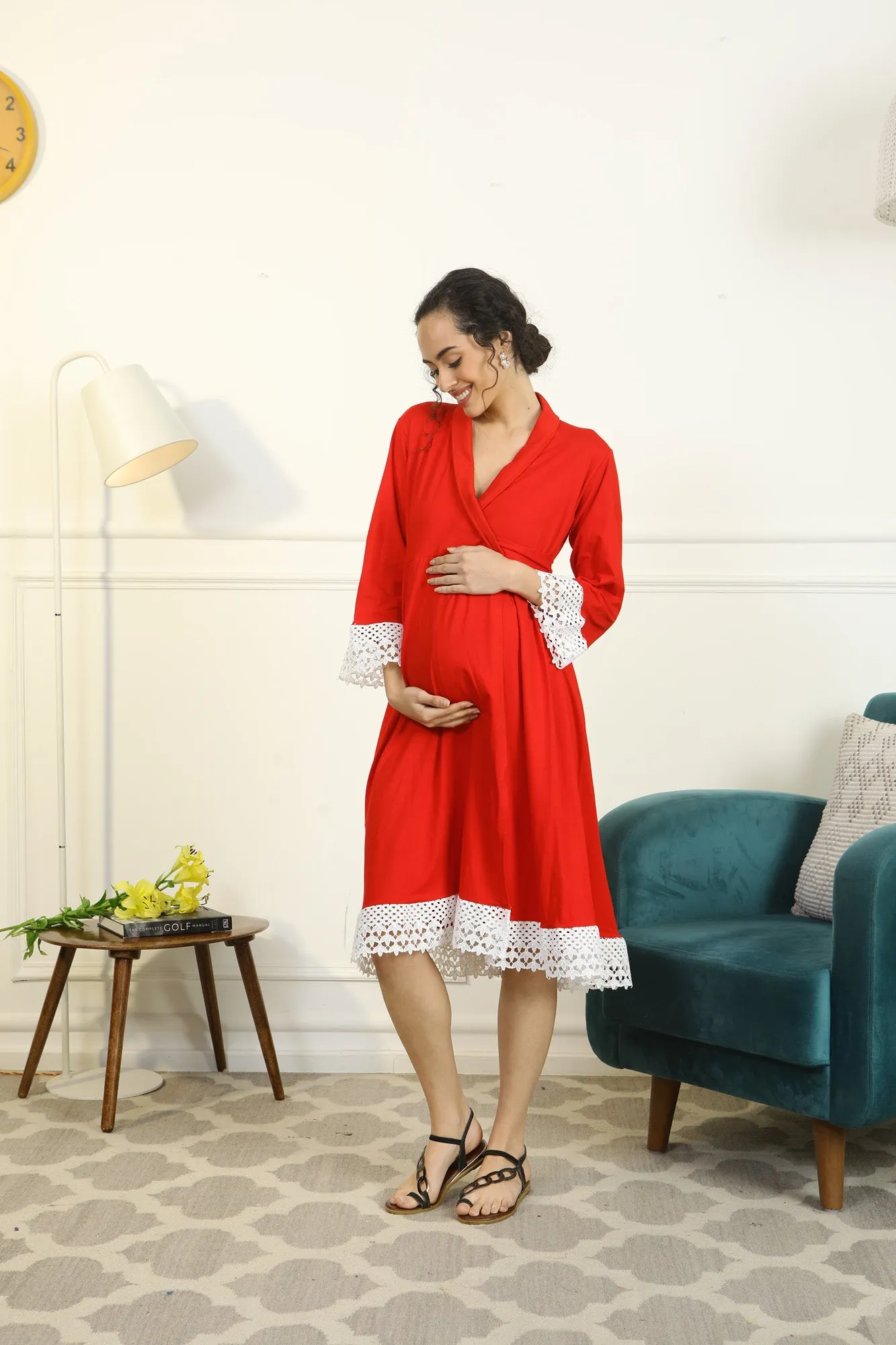 Cherry Red Lycra Maternity & Nursing Wrap Nightwear Dress/ Hospital Gown/ Delivery Robes