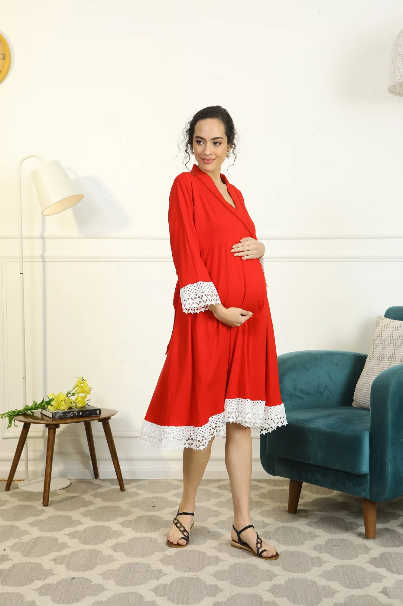 Cherry Red Lycra Maternity & Nursing Wrap Nightwear Dress/ Hospital Gown/ Delivery Robes