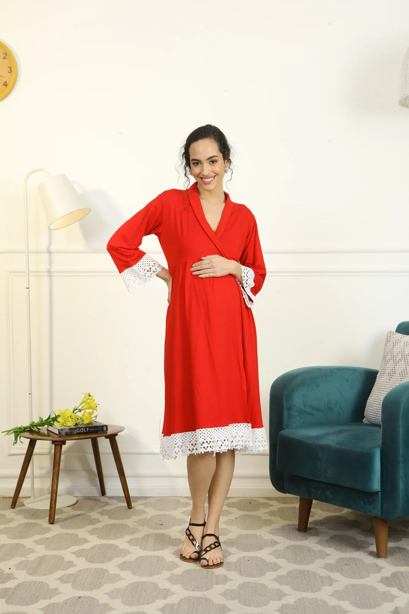 Cherry Red Lycra Maternity & Nursing Wrap Nightwear Dress/ Hospital Gown/ Delivery Robes