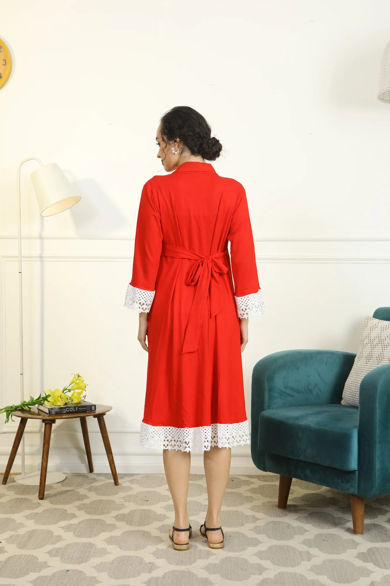 Cherry Red Lycra Maternity & Nursing Wrap Nightwear Dress/ Hospital Gown/ Delivery Robes