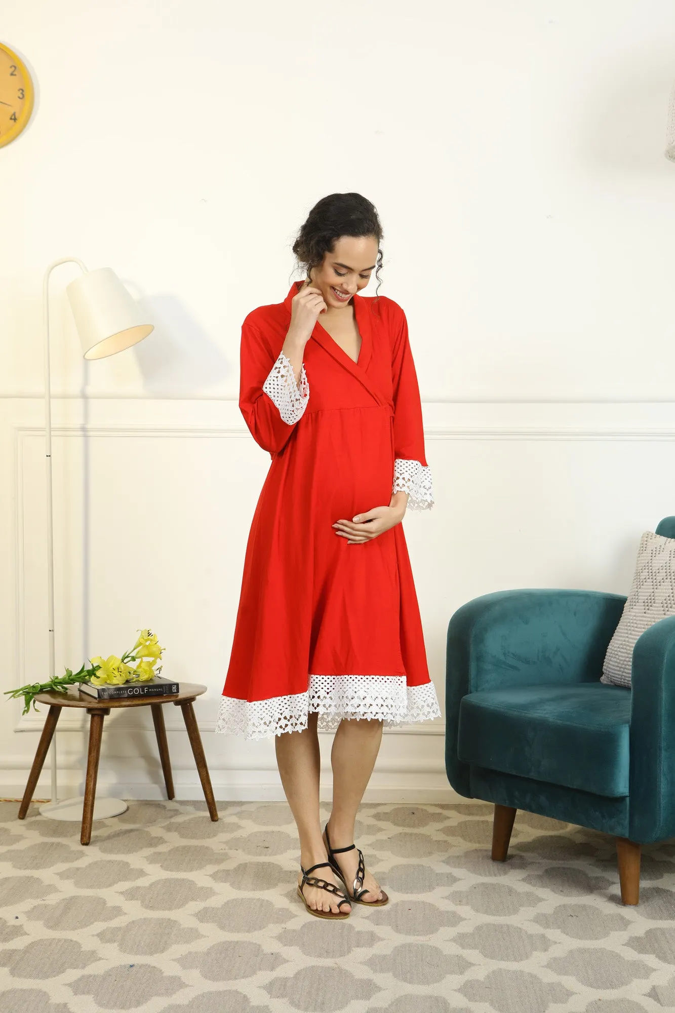 Cherry Red Lycra Maternity & Nursing Wrap Nightwear Dress/ Hospital Gown/ Delivery Robes