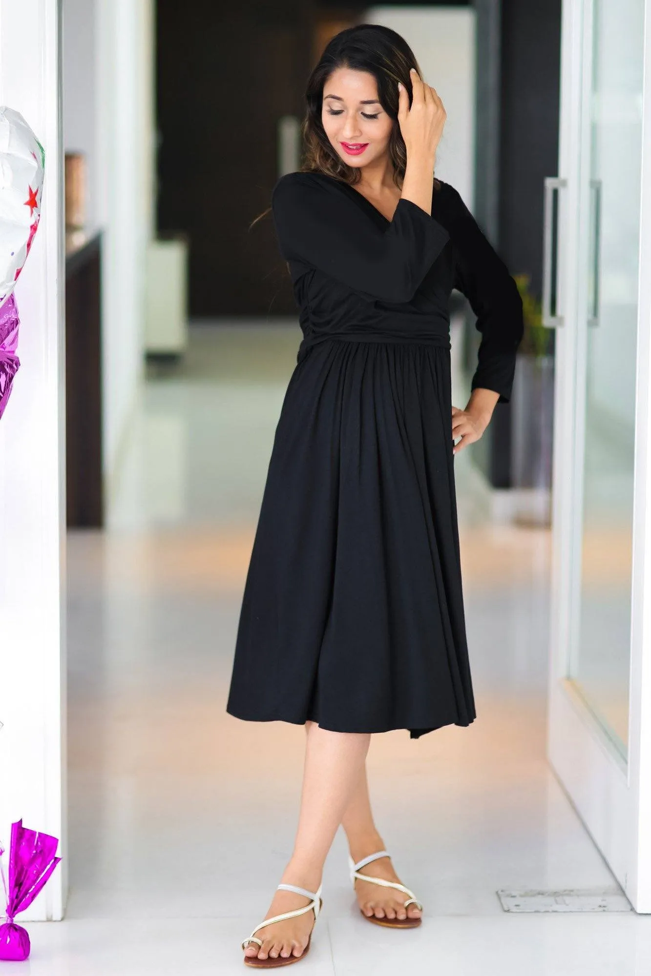 Classic Black Wrap Tie Maternity & Nursing Dress