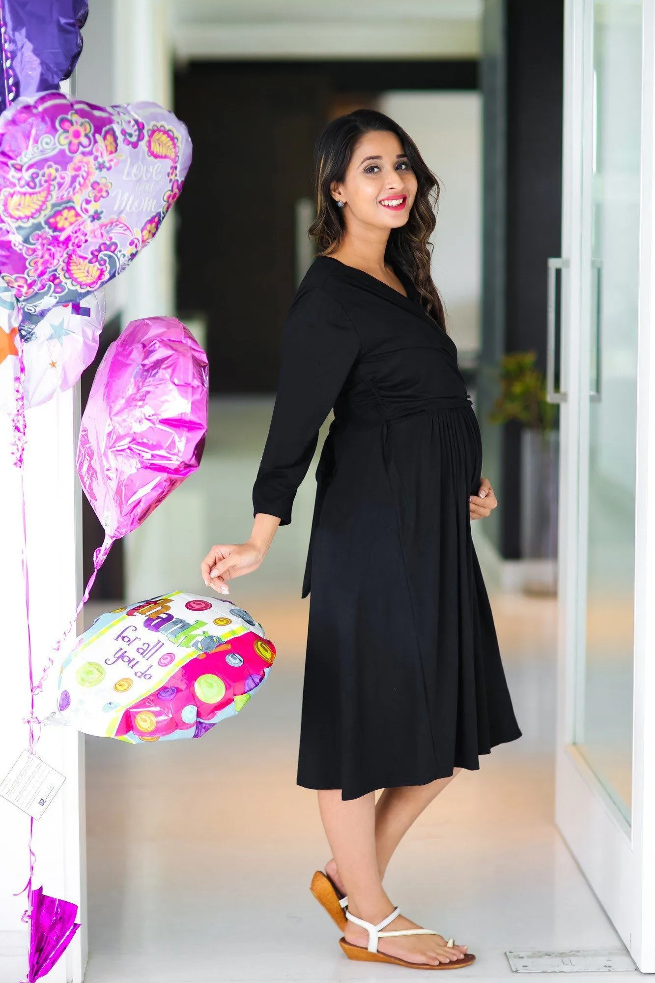 Classic Black Wrap Tie Maternity & Nursing Dress