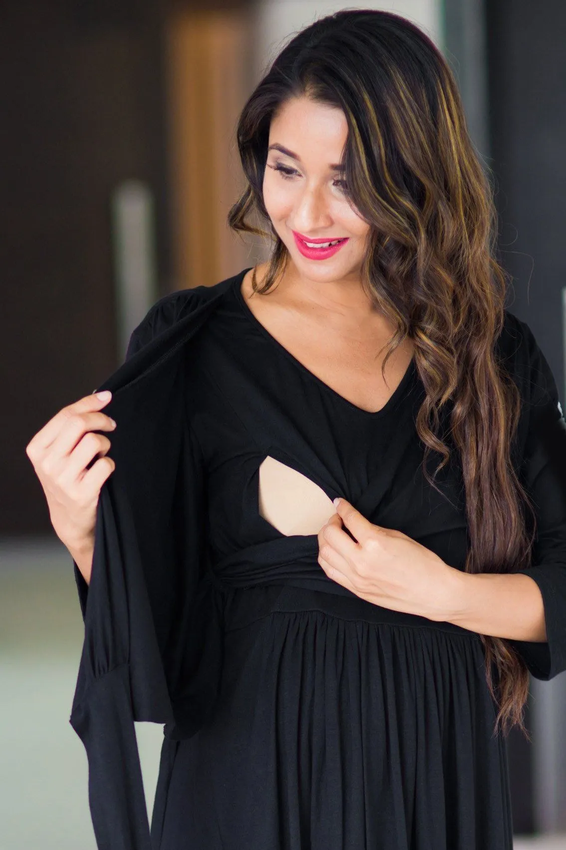 Classic Black Wrap Tie Maternity & Nursing Dress