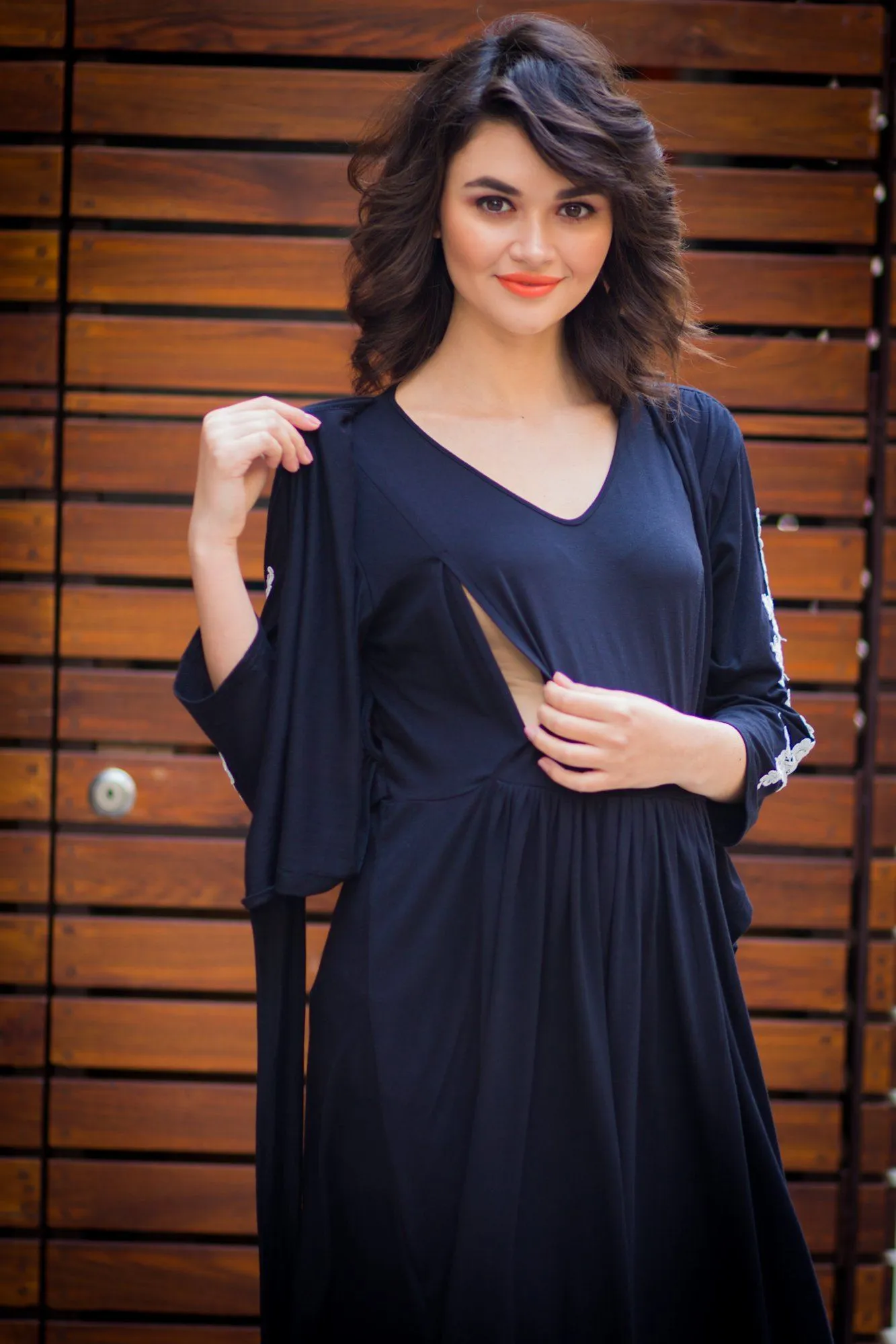 Classic Crochet Black Wrap Maternity & Nursing Dress