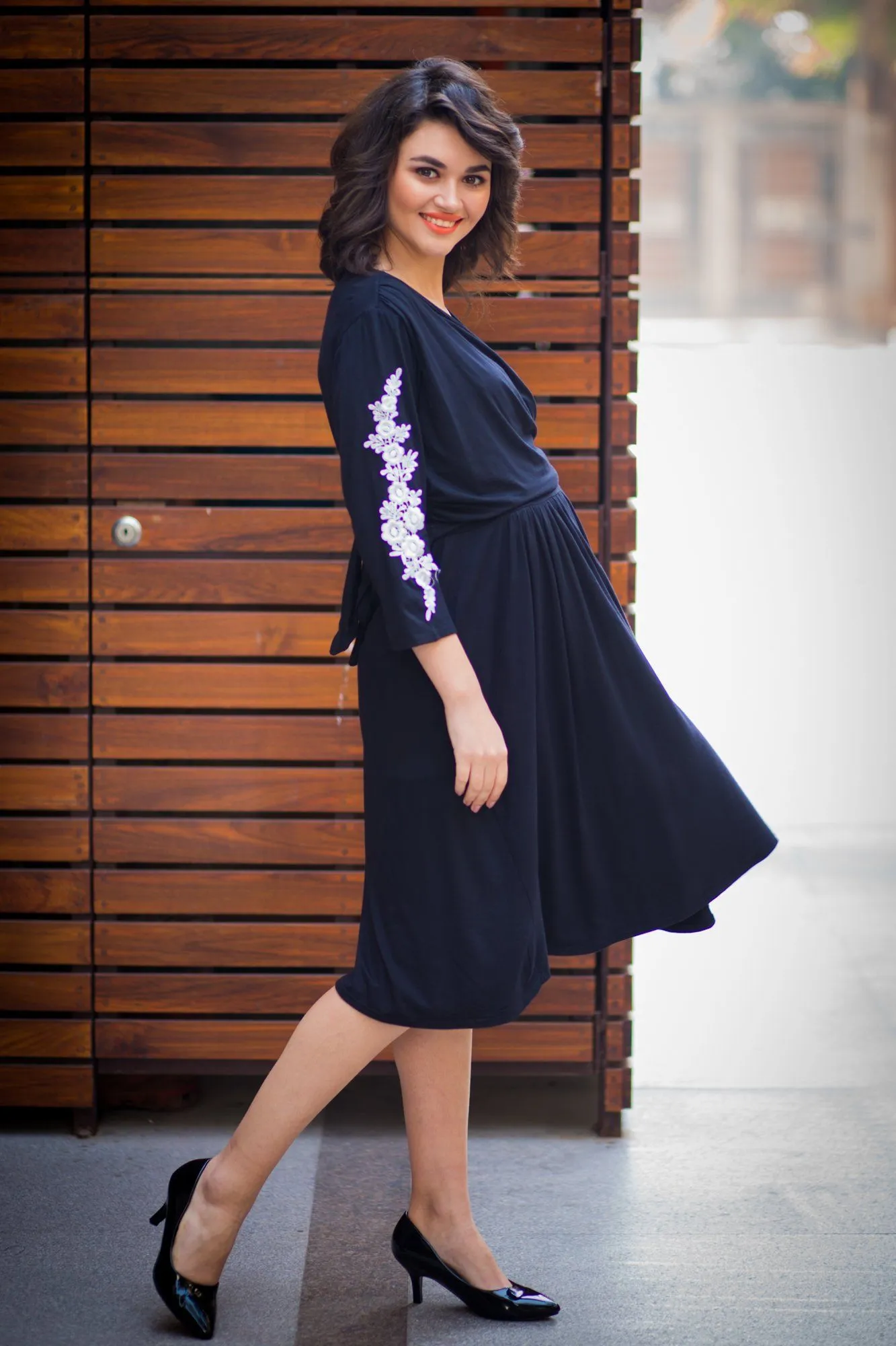 Classic Crochet Black Wrap Maternity & Nursing Dress