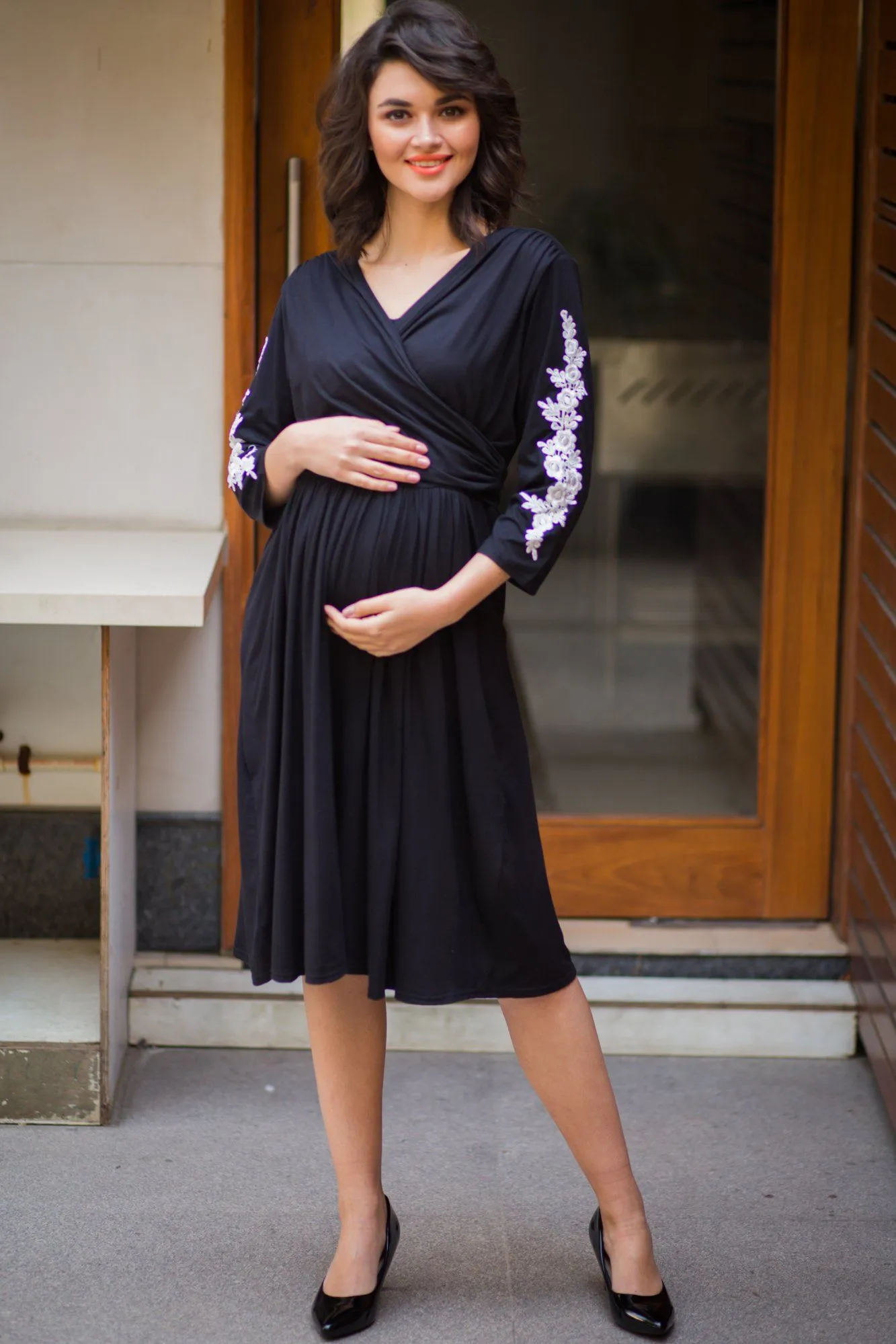 Classic Crochet Black Wrap Maternity & Nursing Dress