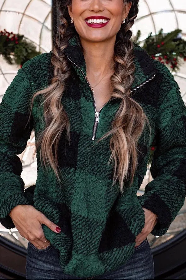 Cozy Holiday Plans Sherpa Plaid Pullover