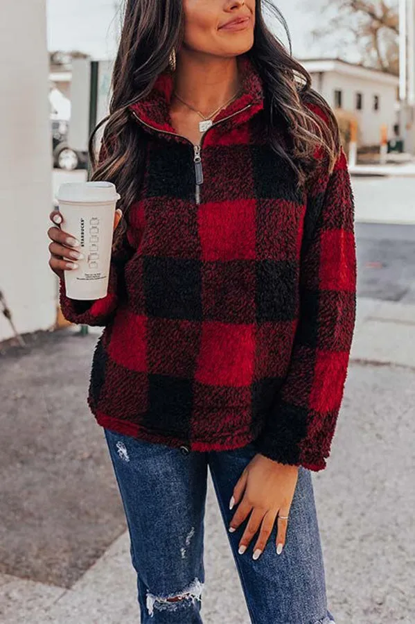 Cozy Holiday Plans Sherpa Plaid Pullover