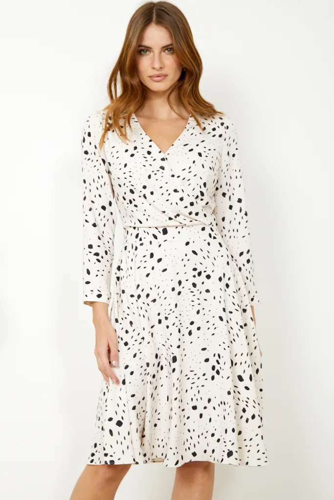 Cream & Black Dalmatian Print Wrap Front Dress