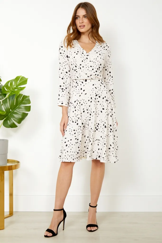 Cream & Black Dalmatian Print Wrap Front Dress