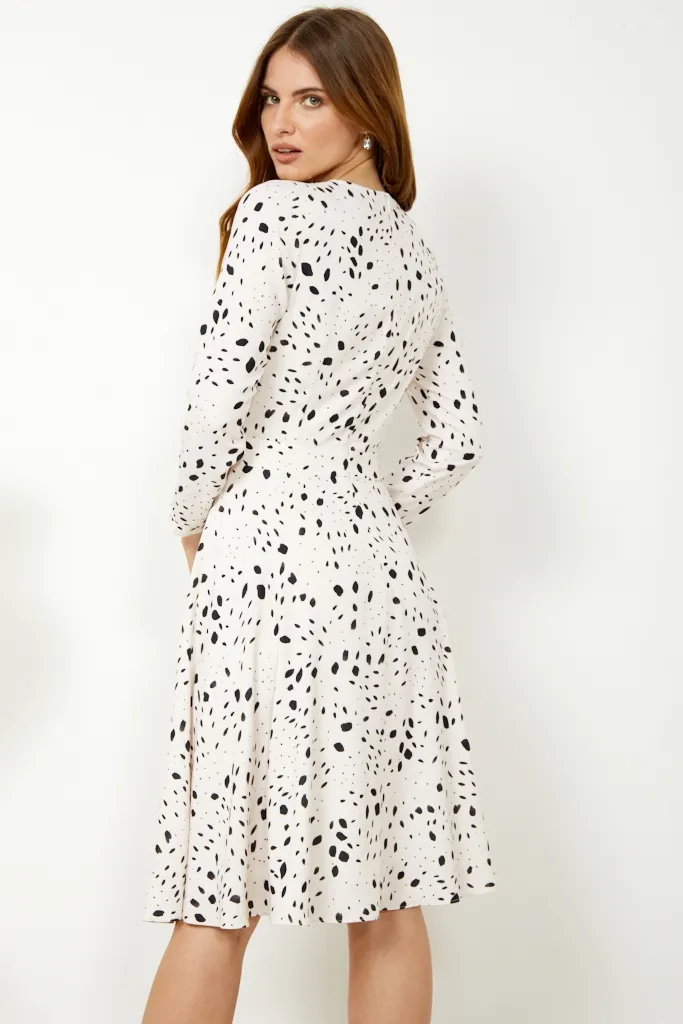 Cream & Black Dalmatian Print Wrap Front Dress