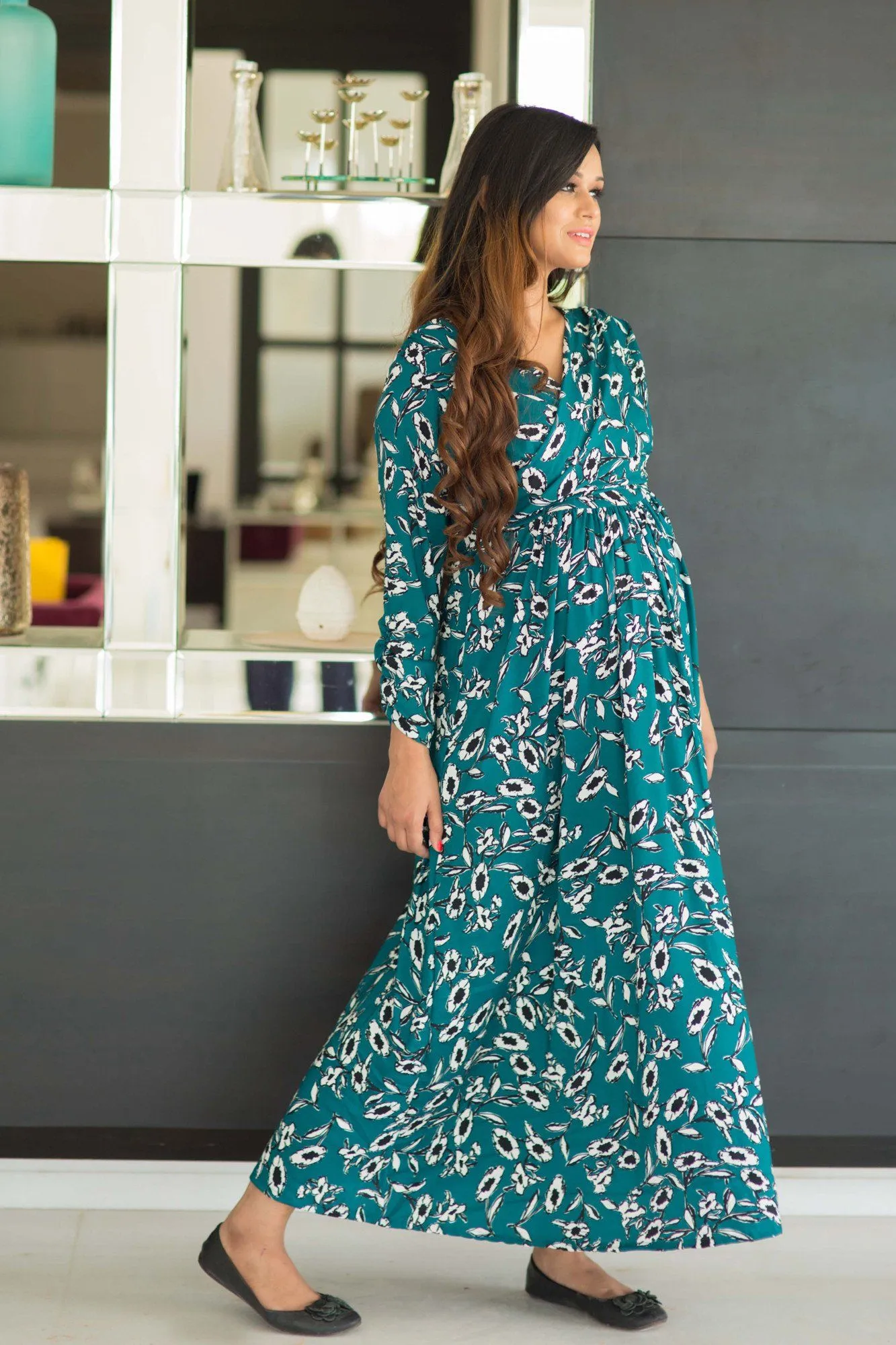 Deep Green Petal Maternity & Nursing Wrap Dress