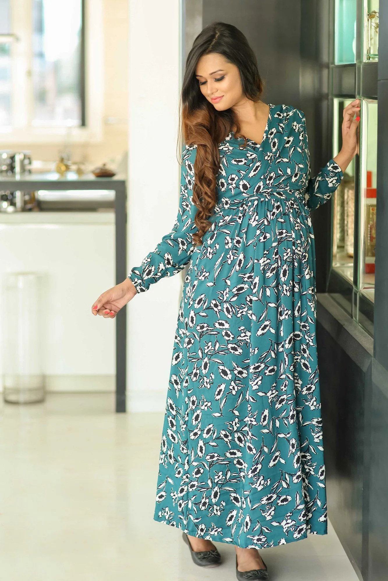 Deep Green Petal Maternity & Nursing Wrap Dress