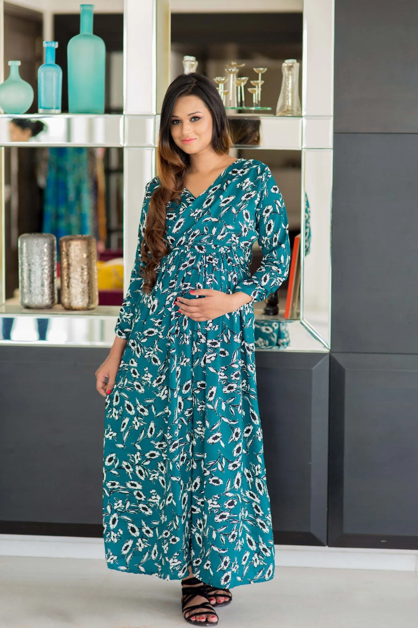 Deep Green Petal Maternity & Nursing Wrap Dress