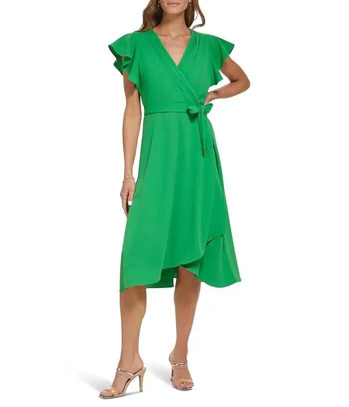 DKNY Flutter Sleeve Faux Wrap Scuba Crepe Dress