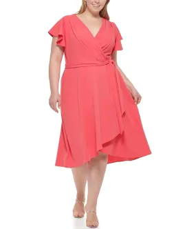 DKNY Plus Size Short Sleeve Ruffled Faux Wrap Dress